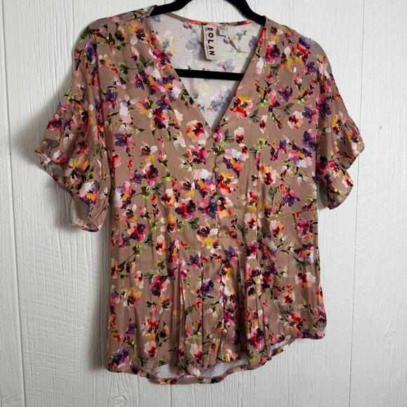 Dolan Anthropologie Tan Floral Mitzi Pleated Ruffle Short Sleeve Blouse Top XS - Picture 10 of 10